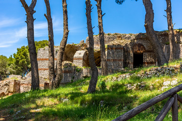 Italy, Capri, view and details of the archaeological remains of the ancient Roman villa Jovis of...