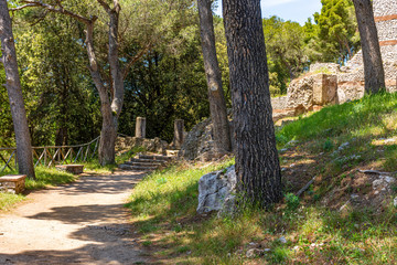 Italy, Capri, view and details of the archaeological remains of the ancient Roman villa Jovis of...