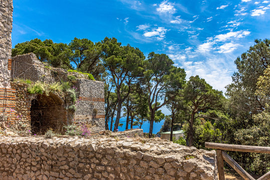Italy, Capri, view and details of the archaeological remains of the ancient Roman villa Jovis of the Emperor Augustus