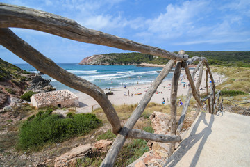 Fototapeta na wymiar Panoramic behind the fence in Cala Algairens, Menorca