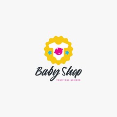 Baby shop logo design vector. Kids store illustration symbol. Toys shop logo sign. Children, baby, cloth, baby basket vector icons. Full colors sign.