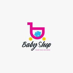 Baby shop logo design vector. Kids store illustration symbol. Toys shop logo sign. Children, baby, cloth, baby basket vector icons. Full colors sign.