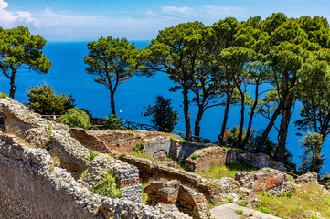 Italy, Capri, view and details of the archaeological remains of the ancient Roman villa Jovis of the Emperor Augustus