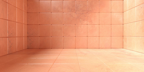 Empty room, floor and walls tiled pattern, Stone orange color background texture. 3d illustration