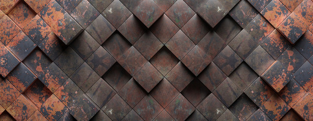 Industriële metalen roestige achtergrondstructuur, kubus vorm elementen patroon. 3d illustratie
