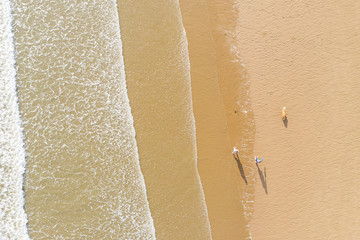 Aerial view of people walking and their shadow on a sand beach next to the waves in Porthcawl Wales...