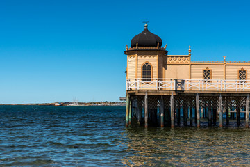 Summer seaview of the famous old historic wooden bathhous Varbergs Kallbadhus. A cold water public...