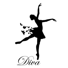 Diva-slogan for t-shirts, textiles, wall design and business cards. Beautiful ballerina with butterflies and crystals. Dance move. Vector illustration
