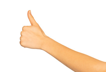 Female hand giving thumbs up gesture on white