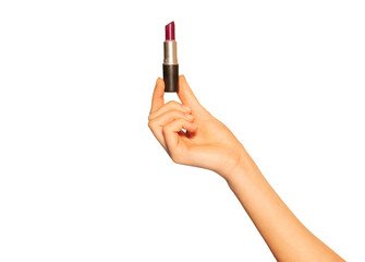 Female hand holding open lipstick tube on white