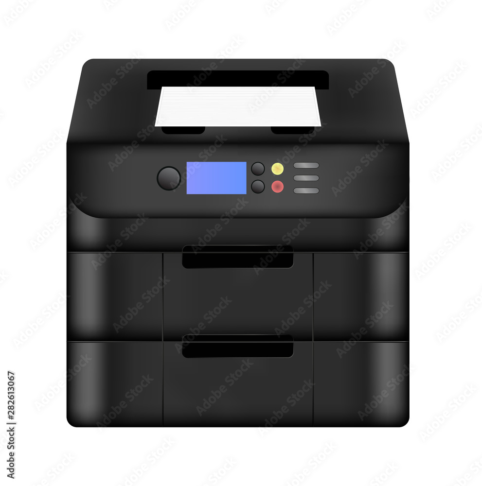 Poster vector realistic black illustration of laser digital printer copy machine. business multi-function a