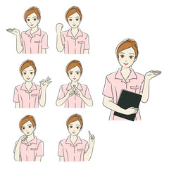 女性　エステティシャン　イラスト　ポーズ　セット 白衣風