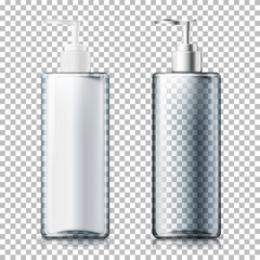 Vector set - 3d realistic transparent pump bottles with silver and plastic caps. Mock-up for product package branding.