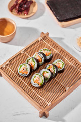 Korean roll Gimbap(kimbob) made from steamed white rice (bap) and various other ingredients