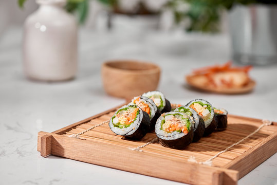 Korean roll Gimbap(kimbob) made from steamed white rice (bap) and various other ingredients