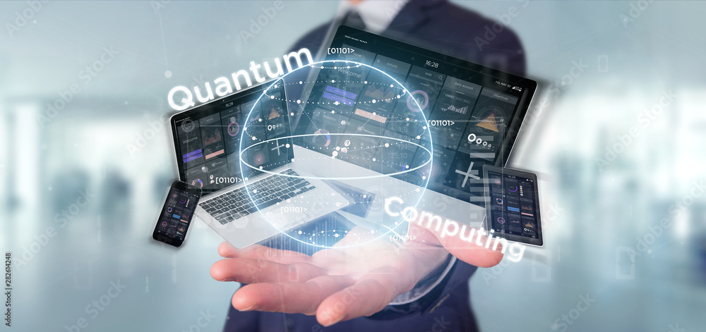 Poster businessman holding quantum computing concept with qubit and devices 3d rendering