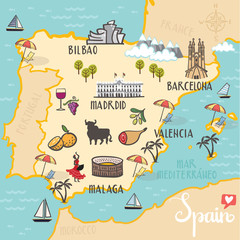 Spain - hand drawn illustration, map with landmarks