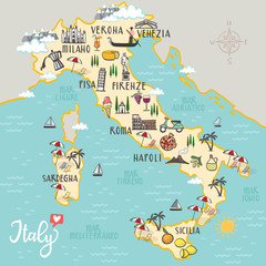 Italy - hand drawn illustration, map with landmarks