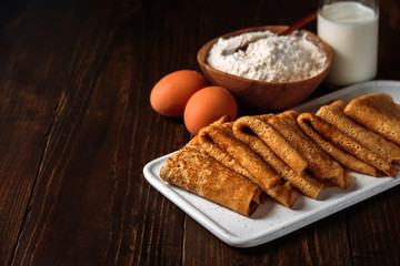 Russian pancakes blini with ingredients