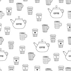 Seamless pattern with tea pot, coffee cup and mug. Doodle style. Vector illustration.