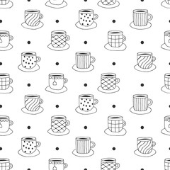 Seamless pattern with coffee and tea mugs. Repeat ornate background.