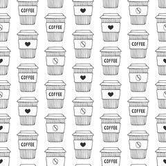 Coffee cup seamless doodle pattern. Vector chalkboard illustration.