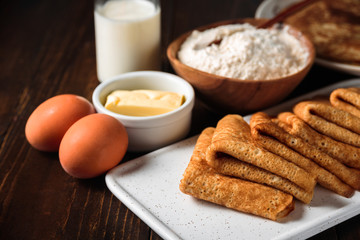 Russian pancakes blini with ingredients
