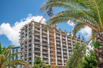 Fototapeta na wymiar The construction of multi-storey buildings in Batumi. Construction cranes on the background of buildings, palm trees. Floor building against the blue sky.