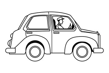 Man driving car vehicle sideview cartoon in black and white
