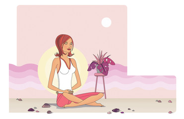 Sitting girl at sunset meditates and calms down. Against the backdrop of waves and sun.