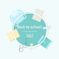 Vector illustration with school knapsack, books, pencils, eyeglasses and text Back to School Sale.  Template for banner, article, card, flyer, promotion post in social media or mailing, poster. 