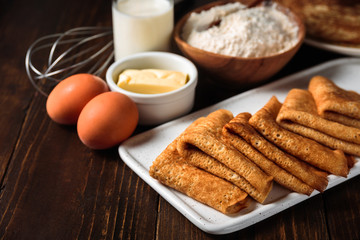 Russian pancakes blini with ingredients