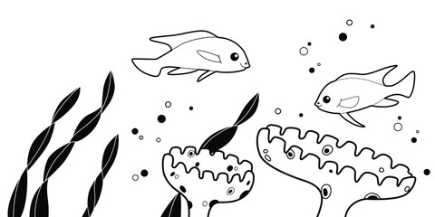 Underwater banner with fishes. Vector illustration. Coloring book for kids.
