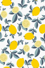 Yellow lemons on white background. Tropical fruit. Citrus seamless pattern. Fashionable print in bright pastel colors. Wallpaper. Hand vector illustration. Modern design