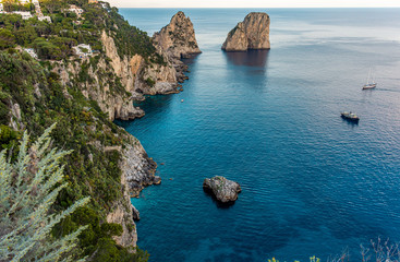 Italy, Capri, panoramic view of the famous Faraglioni