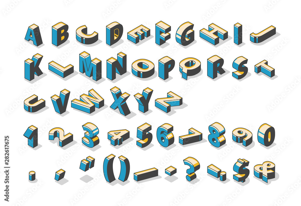 Fototapete isometric alphabet, numbers and punctuation marks standing and lying in row on white background. abc