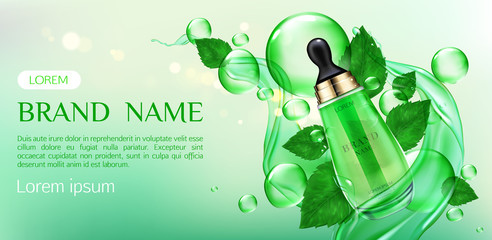 Cosmetics tube mock up ad banner, Organic beauty product, skin care oil or serum pipette bottle mockup on green background with leaves and splash. Natural eco skincare cosmetic Realistic 3d vector