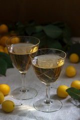 Cherry plum liqueur in small glasses and cherry plum on a wooden background. Rustic style.