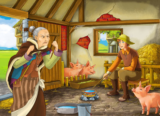 Cartoon scene with old woman witch or sorceress and farmer rancher in the barn pigsty illustration for children