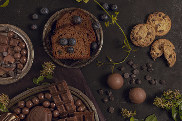 Delicious flat lay assortment of mixed chocolate