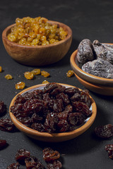 Close-up dry fruit and nuts in bowls