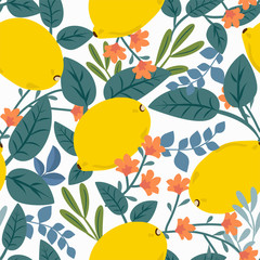 Tropical seamless pattern with yellow lemons, leaves and flowers on white. Fruit repeated background. Vector bright print for fabric or wallpaper. 