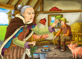 Cartoon scene with old woman witch or sorceress and farmer rancher in the barn pigsty illustration for children