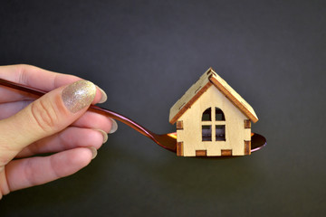 Wooden yellow toy house lies on purple metal spoon held by female hand on black background, the...