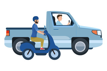Vehicle and motorcycle with drivers riding