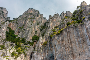 Italy, Capri, view of the coast seen from the sea.