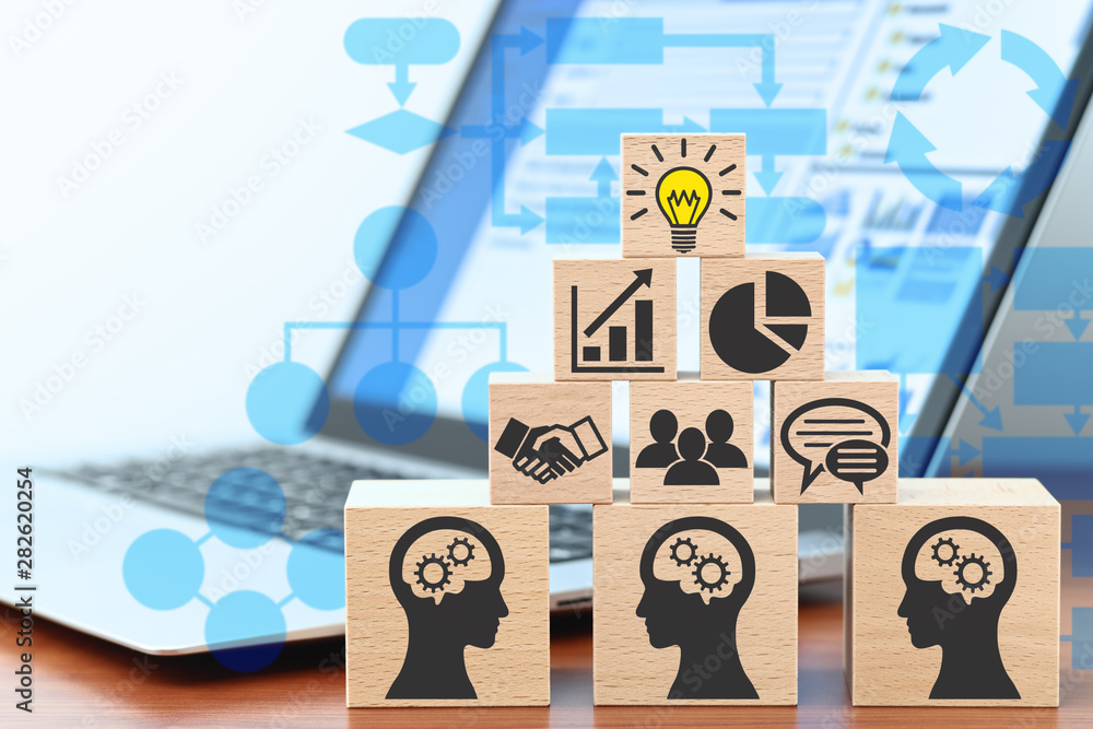 Poster knowledge management and business intelligence concept. sharing knowledge by technology. building wo