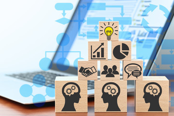 Knowledge management and business intelligence concept. Sharing knowledge by technology. Building...