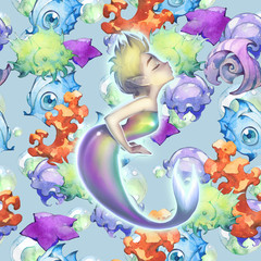 Fantasy hand drawn illustration of a cute and beautiful cartoon mermaid