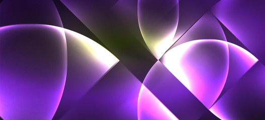 Techno glowing glass geometric shapes vector background, futuristic dark template with neon light effects and simple forms